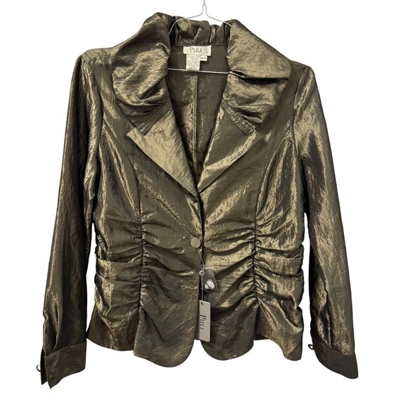 Puli Metallic  Ruched Jacket With Dramatic Collar Sz 14 lightweight NWT - Picture 1 of 11